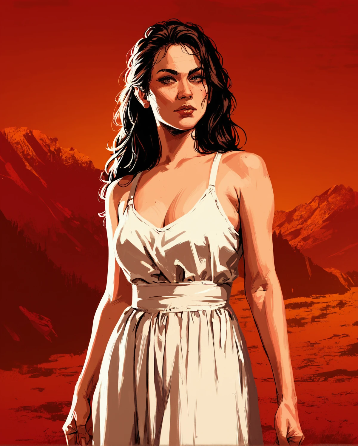 rdr, red landscape background, sexy girl standing, long hair, wearing sexy summer dress, at street, cowboy shot <lora:fallen_ai_PONY_RED_DEAD_REDEMPTION_style:1>, zPDXL, score_8_up, score_7_up, score_6_up, score_9, illustration