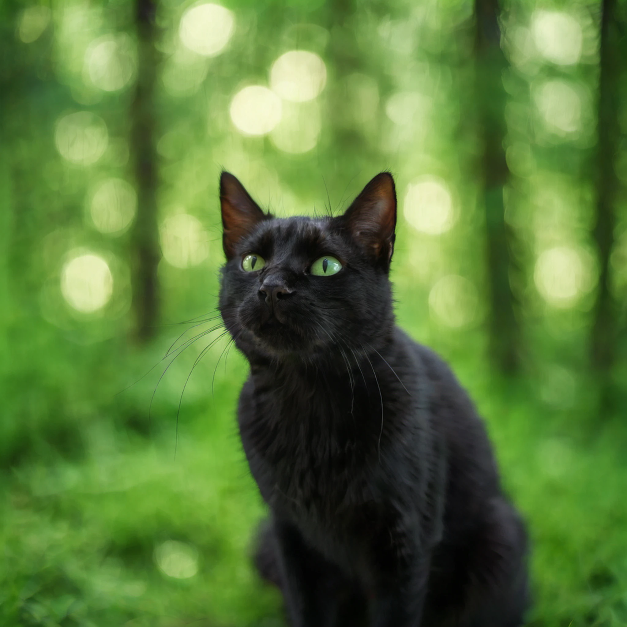 raw photograph,realistic,3d,8k,black cat,close-up,forest,bokeh,sunligh,blurry background,green background,<lora:Ring_Bokeh:0.0>