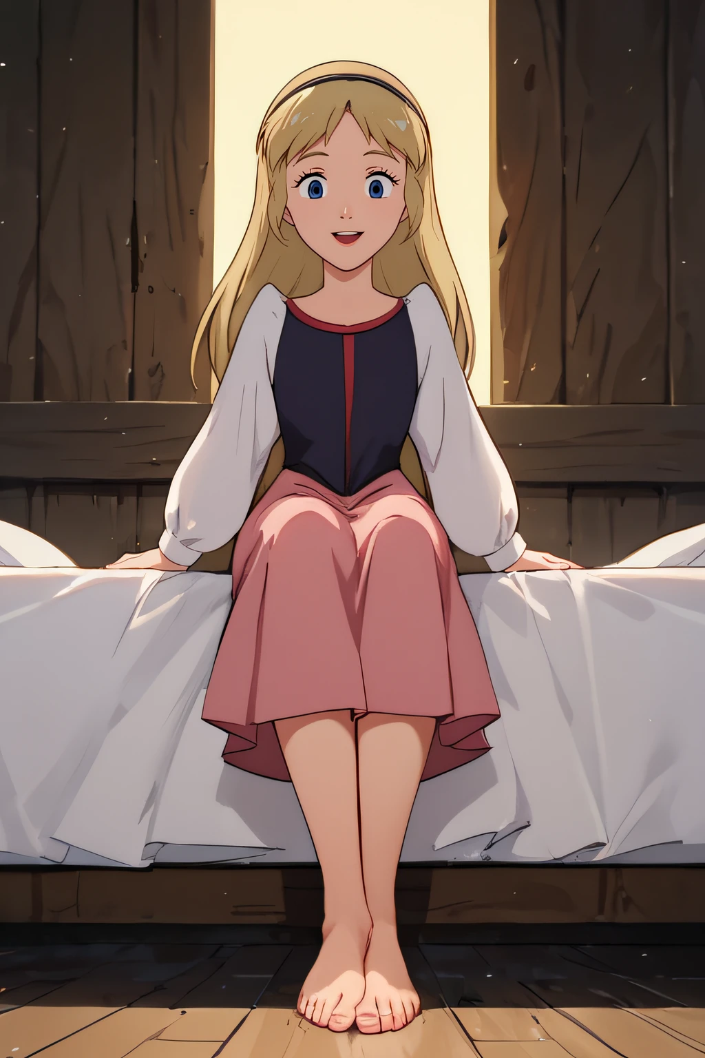 score_9, score_8_up, score_7_up, rating_safe, intricate details, 1girl, solo, retro artstyle, <lora:Princess_Eilonwy:1>, eilonwy, blue eyes, hairband, long sleeves, dress, pink skirt, looking at viewer, full body, barefeet, sitting at bed, from below, feet focus, open mouth, smile, grin