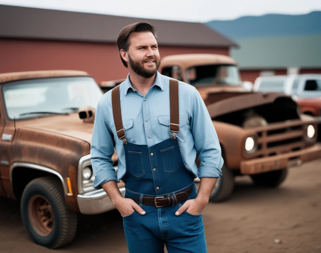 cinematic photo a redneck man, facial hair, suspenders,  in front of a rusty pickup truck, many cats <lora:Vance1024_r1:0.8> . 35mm photograph, film, bokeh, professional, 4k, highly detailed