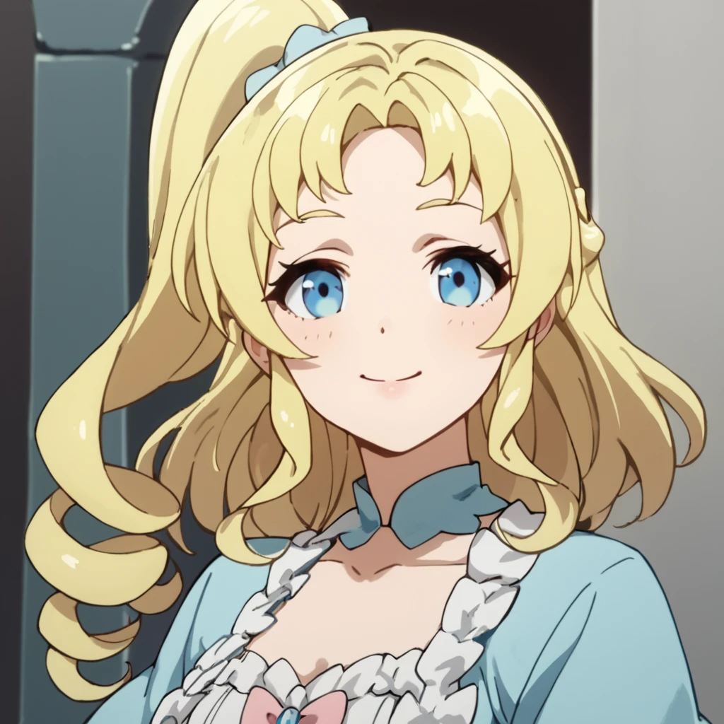 score_9, score_8_up, score_7_up, score_6_up, score_5_up, score_4_up, source_anime,  Tillis, blue eyes, long hair, blonde hair, side ponytail, medium breasts, , smile, portrait