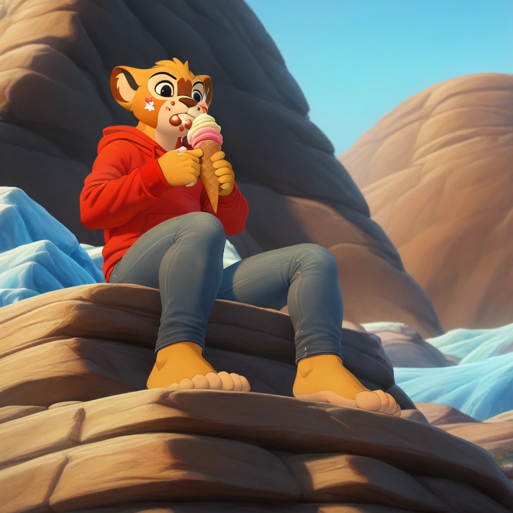 (((Barefoot furry character, full body, cinematic setting, furry male, anthro, plantigrade))) (((Kion))) sitting on edge of rock, baby Kion, (((wearing jeans))), (((wearing hoodie))), ((eating ice cream)), view from below, nice feet paws, BREAK, intricate details, highly detailed, extreme detail, octane render, fine art, best quality, highres, (detailed face:1.5), ((full_body)), UHD, (((perfect hands))), ((low light:1.5))