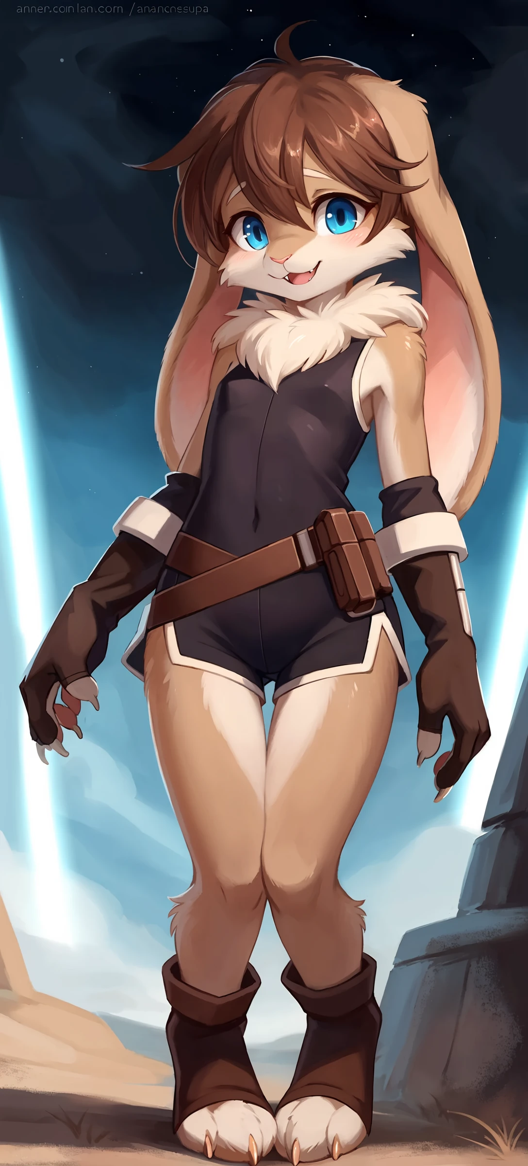 by ancesra, OC, original character, anthro, female, rabbit, lagomorph, lop from /(star wars visions/), brown body, brown fur, brown hair, blue eyes, floppy ears
BREAK
knock-kneed, thigh gap, messy hair, fluffy, neck tuft, small breasts, slim, petite, skinny, cute fangs, digitigrade, claws,
lop_outfit, clothing, dolphin shorts, countershade feet, gloves, leg warmers