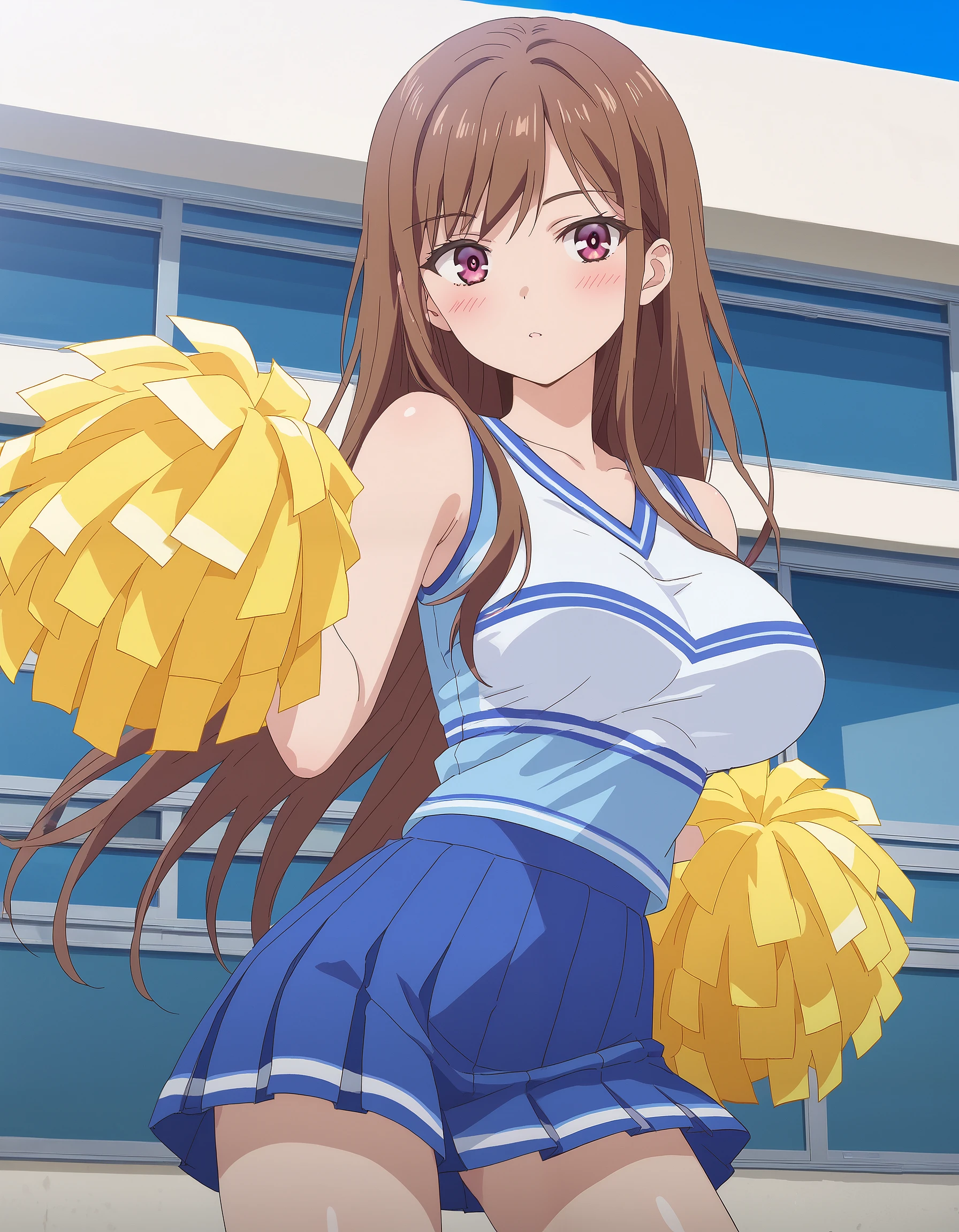 score_9, score_8_up, score_7_up, masterpiece, absurdres, source_anime, perfect anatomy,

1girl, solo,

AyaneShirakawa, long hair, brown hair, bangs, pink eyes, big breast,
cheerleader uniform, two tone, shirt, blue shirt, mini skirt, blue skirt, yellow pom-poms,

outdoors, school, sexy pose, blush,
looking at viewer, cowboy shot,