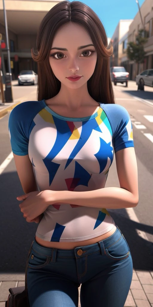 Hyperrealistic, photorealistic, super detailed, colored T-shirt, purple jeans, waist-length wavy brown hair that is split on both sides, brilliant amaranth lipstick, brown eyes, body like in real life, large pores, fair-skinned, beautiful arms, little breasts, unreal engine, octane render, droped shadow, bokeh, cinematic lighting, <lora:add_detail:0.5>, <lora:Volumetric_lighting:0.6>,, <lora:e4743ff2-7ed6-4728-b033-3bc83cb997a4:0.7>