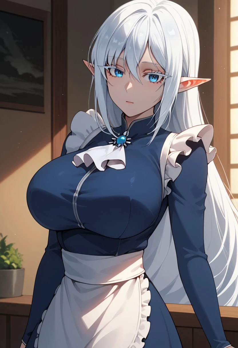 ((beautiful eyes, shinny eyes,eye catching, eye catching,eye catching:1)), knee white boots, schnee raizar, blue eyes, white eyelashes, white hair, long hair, large breasts, pointy ears, long blue dress, white apron, long sleeves, score_9, score_8_up, score_7_up, BREAK source_anime,  schnee raizar, blue eyes, white eyelashes, detail1eye,, white hair, long hair, large breasts, pointy ears, long blue dress, white apron, long sleeves,