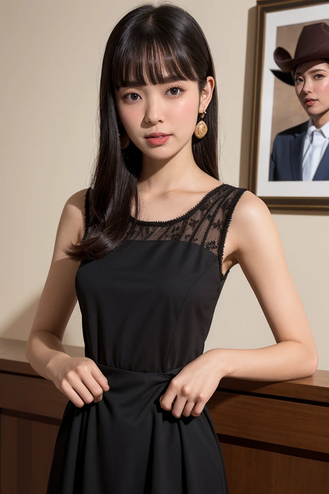 1girl,solo,black hair,hand on hip,earrings,dress,black dress,looking at viewer,sleeveless,black eyes,bangs,sleeveless dress,lips,upper body,
best quality,masterpiece,illustration,Amazing,finely detail,masterpiece,official art,incredibly absurdres,huge filesize,ultra-detailed,highres,extremely detailed,beautiful detailed girl,realistic,(cowboy_shot:1.4),,<lora:Nirei Nozomi_20240804115807:0.8>
