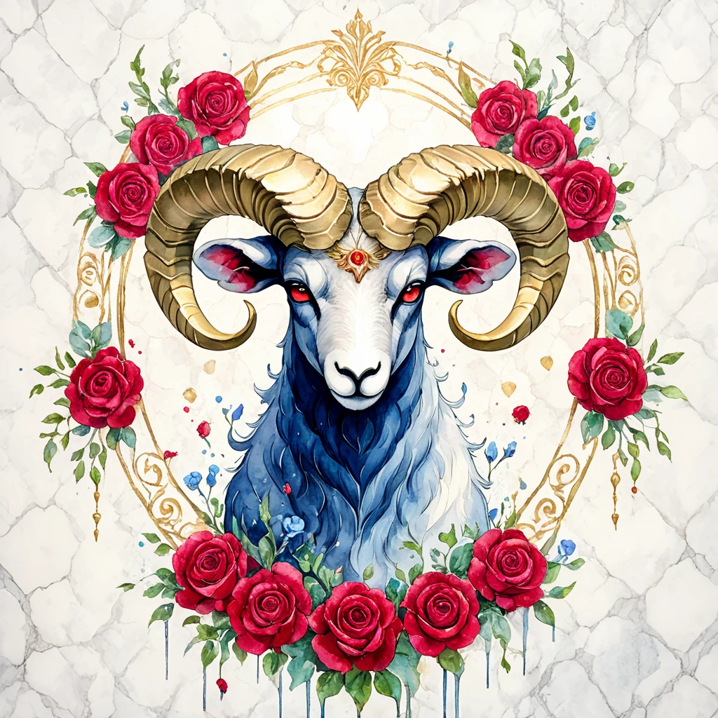 <lora:ArsMJStyle_-_SDXL:1> ArsMJStyle, Aries, The image shows a painting of a ram surrounded by red roses on a marble background. The ram is depicted in a painting style with its horns and horns clearly visible. The roses are vibrant and full of life adding a splash of color to the painting., flower, red flower, horns, rose, no humans, red rose, red eyes, painting (medium), solo, traditional media, watercolor (medium), looking at viewer, blue flower