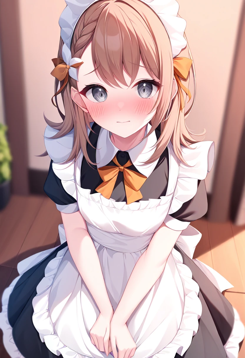 cute anime style, masterpiece, best quality, <lora:MinoriHanasato_v1.1:1> 1girl, minoridef, hanasato_minori, medium hair, grey eyes, maid, embarrassed, looking at viewer