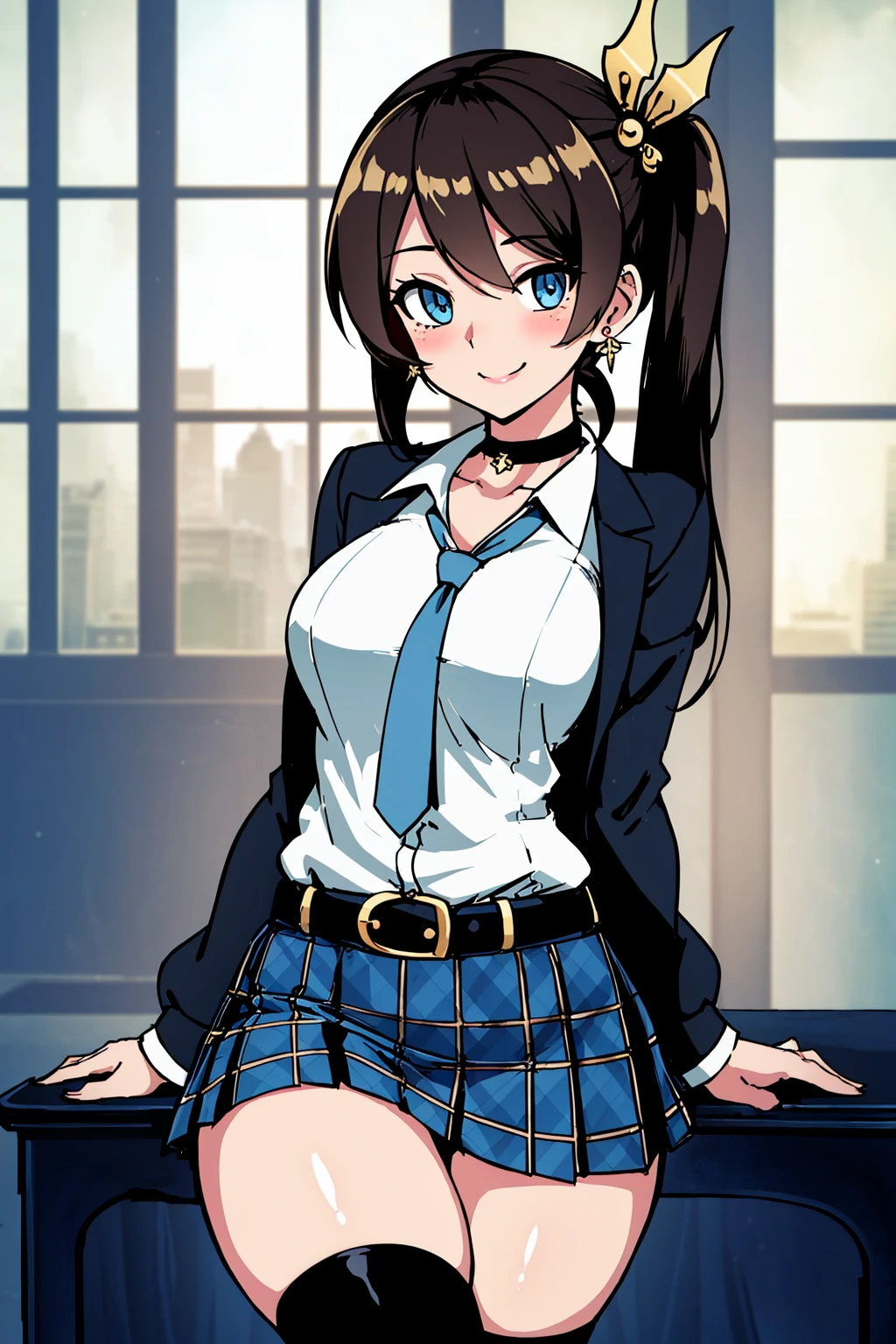 masterpiece, ultra-detailed, best quality, illustration, 8k cg wallpaper, an extremely delicate and beautiful, 1girl, solo, perfect anatomy, cute face, smiling, blushing, shining eyes, deep blue eyes, beautiful detailed eyes, dark brown hair, shoulder-length hair, twintails, cute hair accessories, cute earrings, cute choker, slim body, medium breasts, business outfit, perfect arms, cute arm accessories, black belt with gold buckle, light blue plaid skirt, cute thigh-high stockings, perfect legs, cute, pretty, beautiful, sexy, perfect body, (background: office, desk, chair, bulletin board, windows, intricately detailed items in background), <lora:Hollow_Knight:1>