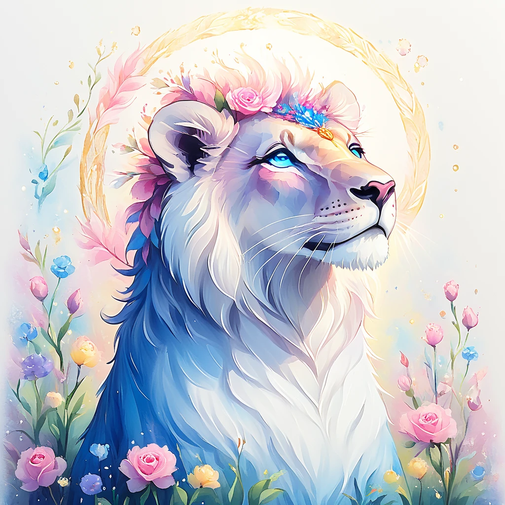 <lora:ArsMJStyle_-_SDXL:1>, ArsMJStyle, Leo, The image shows a painting of a lion with a crown of flowers on its head surrounded by a vibrant array of flowers and leaves. The lion is painted in a realistic style with its mane and tail flowing in the wind and its eyes looking off into the distance. The colors used in the painting are bright and cheerful creating a peaceful atmosphere., flower, blue eyes, no humans, lion, pink flower, blue flower, rose, white lion, animal, pink rose, solo, sunlight, head wreath, whiskers, realistic, petals