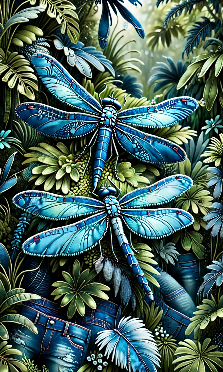 sated Dragonfly made of distressed denim in dense verdant jungle. Depth of field, professional, highly detailed dynamic lighting, photorealistic, 8k, raw, rich, intricate details, vivid colors <lora:denimv12-000010:1.5>