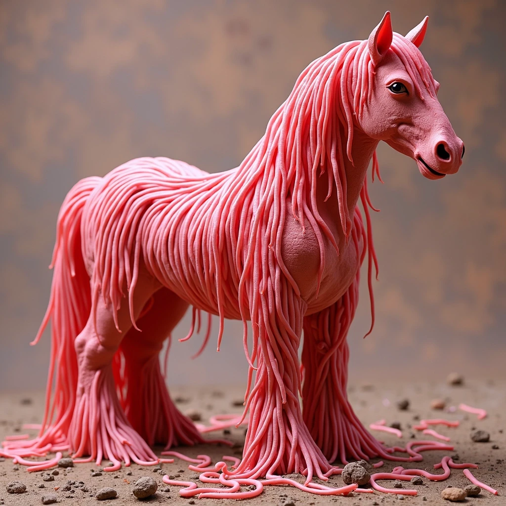 cute pink pony made of earthworms, worms of terror