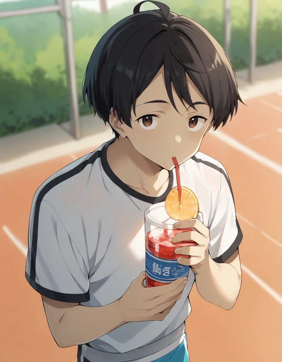 score_9, score_8_up, score_7_up, source_anime, BREAK
1boy, solo, looking at viewer, outdoors, from above, blurry background, 
<lora:kazuhiko_nukumizu_anime-soralz:1>,
kazuhiko nukumizu, short hair, black hair, ahoge, brown eyes,
sportswear, drinking water,