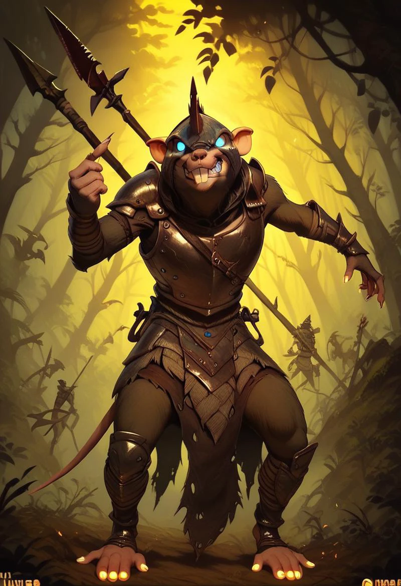 score_9, score_8_up, score_7_up, score_6_up, 1 anthro rat male, glowing, armor, blue eyes, holding, sharp toenails, weapon, spear, warrior, warrior armor, no humans, forest background, action pose, angry smile, glowing ed eyes, teeth, disney cartoon style