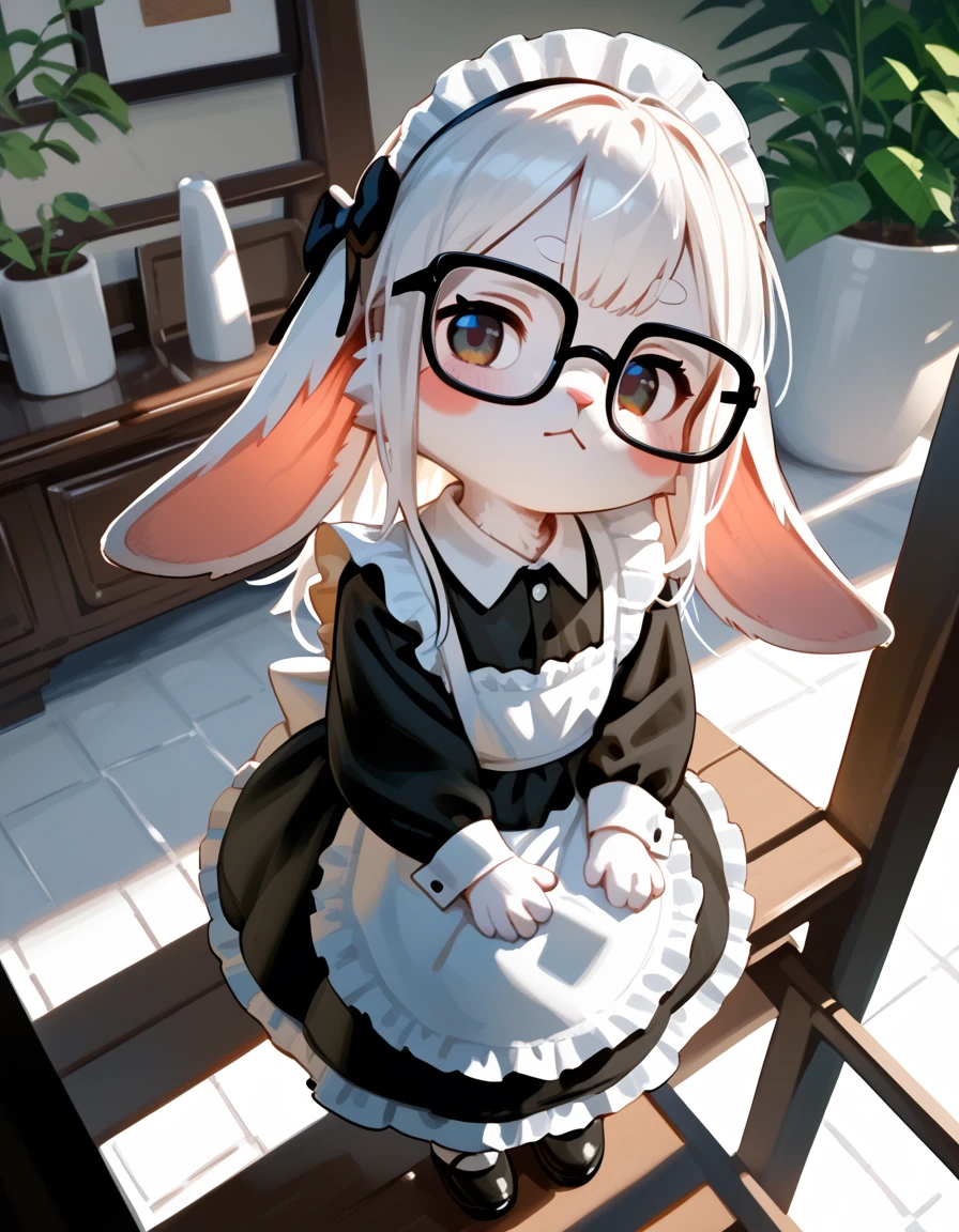 score_9, score_8_up, score_7_up,score_6_up,score_5_up,score_4_up, chibi, furry female, fur, fluffy, rabbit girl, white hair, long sleeves, hair_bow, (pivoted ears:1.1), maid, from above, glasses, dutch angle, blush stickers, looking back, head tilt,