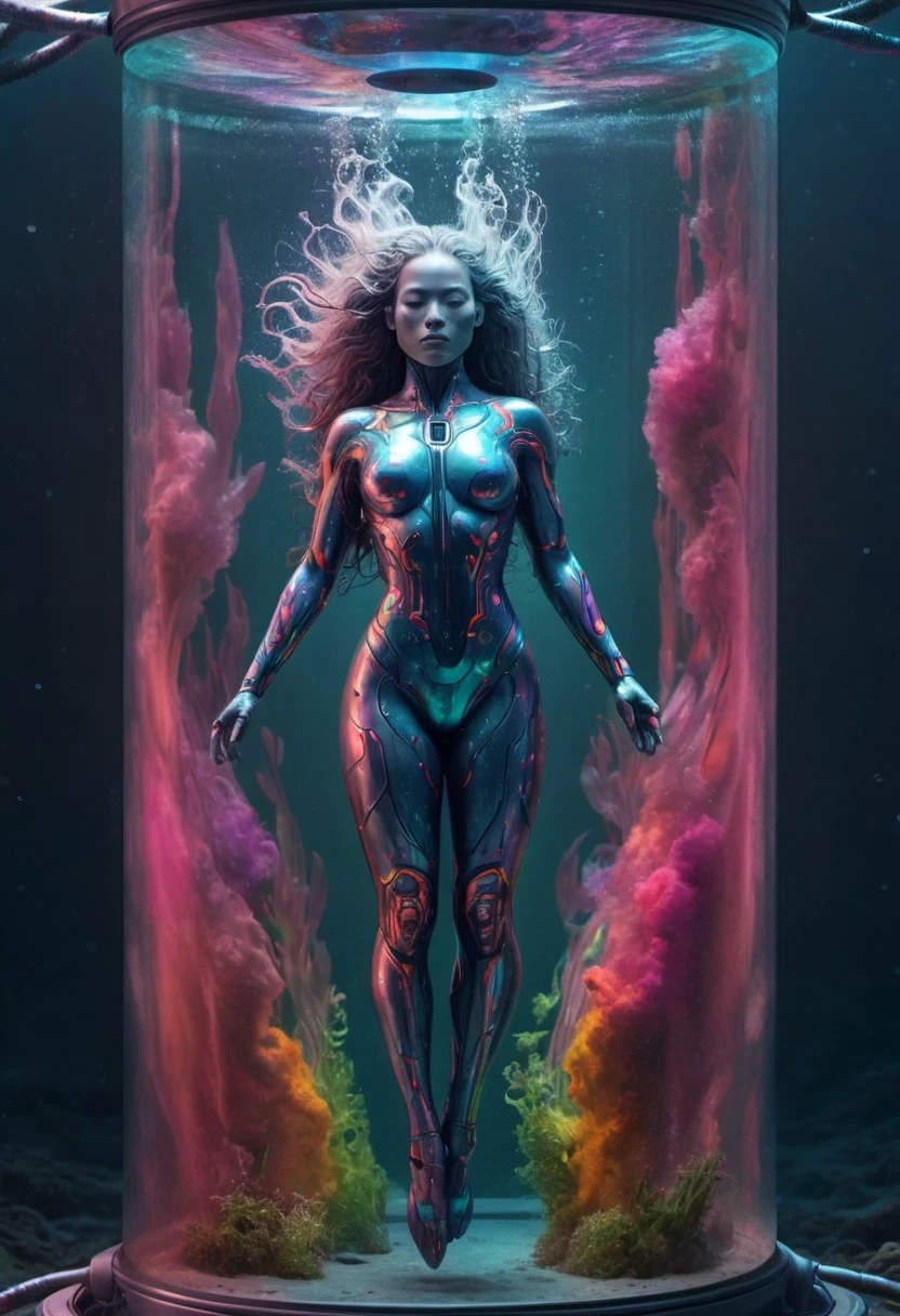 Cyborg in luminous vibrant colorful Galaxy Print skintight bodysuit floating in fetal Position underwater in stasis-tank, Long billowing flowing Hair, floating in stasis Tube pod, amidst a dystopian Grey meadow