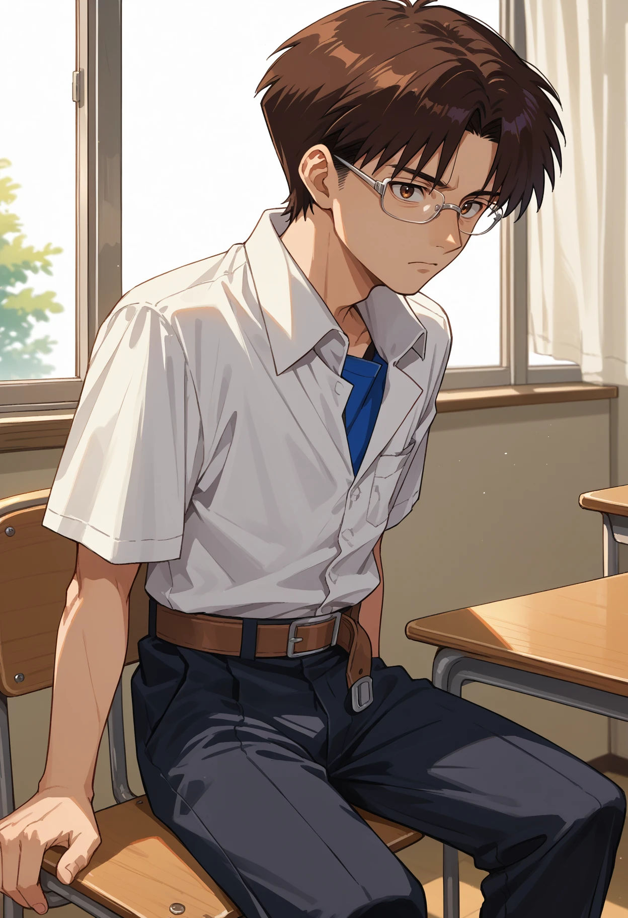 score_9, score_8_up, source_anime, 1boy, solo, Tokyo3UniformMale, white shirt, collared shirt, short sleeves, brown belt, black pants, brown hair, short hair, glasses, indoors, classroom, sitting, on chair, <lora:ChamTokyo3UniformPonyXL:1>