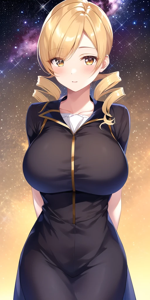 <lora:MamiTomoeV2:0.7> mamitomoe_drill_sidelocks, huge_breasts, standing, solo, arms_behind_back, starry_sky,, masterpiece, best_quality, detailed_face, detailed_eyes, highres, beautiful, detailed, absurdres,