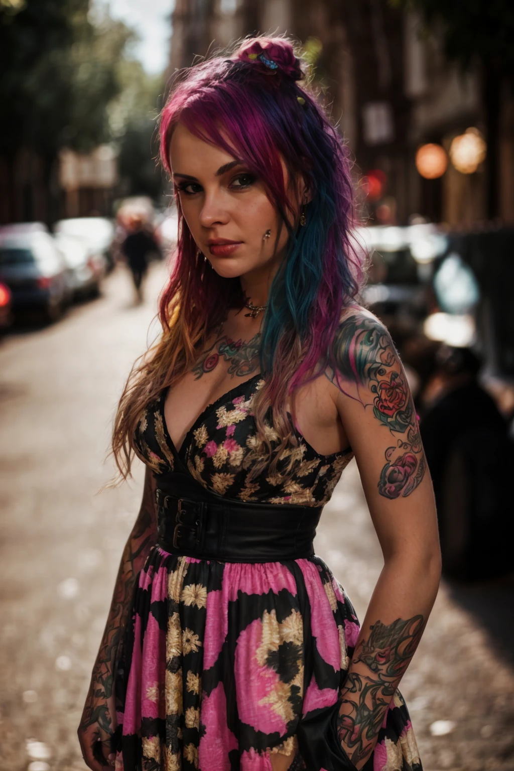 <lora:VandalVyxen:0.8>, full color portrait of a young woman, multicolored hair, tattoo, wearing a dress, in a crowded street, natural light, RAW photo, subject, 8k uhd, dslr, soft lighting, high quality, film grain, Fujifilm XT3