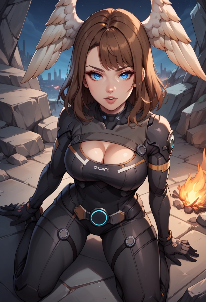 score_9, score_8_up, score_7_up, score_6_up, source_anime, BREAK,  <lora:EunieXenoblade3:0.9>, EunieXC3, head wings, medium hair, brown hair, bodysuit, cleavage cutout,  medium hair,  night, brown hair, parted lips, breasts, blue eyes, looking at viewer, rocks, kneeling, mechanical background, night, fire,  futuristic weapon, looking at viewer, from above,