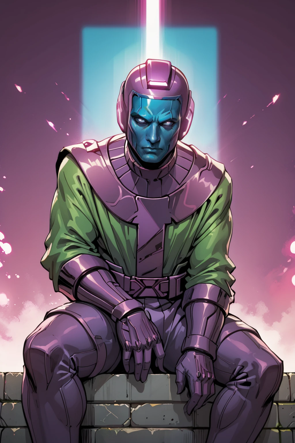 <lora:Kang_PDXL_spamb0t:0.8>,Marvel_Kang
BREAK green and purple jumpsuit
BREAK blue face
BREAK purple helmet,purple thighhigh boot
BREAK sitting with one knee up, arm resting on knee
BREAK profile angle view, closeup
BREAK cowboy shot,abstract background,looking at viewer