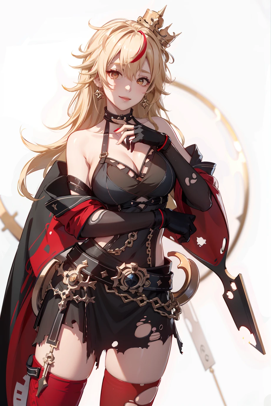 Yor briar, Beautiful woman in anime style, One girl, Happy, Sexy pose,(With sparkling eyes and an infectious smile:0.9),red face, Mouth closed, Beautiful attention to detail, Highly detailed skin, Backlight, Exposing shoulders, Black background, black dress, black gloves, Black Hair, chest, Tank top, Earrings, fingerless gloves, Floating Hair, gloves, gold Earrings, gold hair band, hair 花, hair ornaments, hair band, Holding, Holding arms, jewelry, large chest, Long Hair,ponytail,View your viewers, off-the-shoulder dress, Off the shoulder,Red eyes, Long Hairの短い髪, Side Lock, alone, spike, Thighs, two-sided dress, Double-sided fabric, arms, Combat Stance , face, close, From above, Highest quality, View your viewers,High resolution.