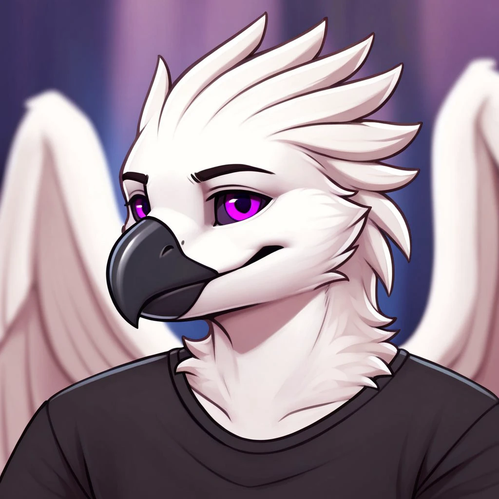 (((beautiful, high quality))), upper Body, score_9, score_8_up, score_7_up, 
Aarakocra, furry bird, wings, 1boy, male focus, white feathers, white body, black beak, purple eyes, coloured sclera, black sclera, black shirt, 
looking at the viewer, posing, blurred background, mytigertail[STYLE], Art by mytigertail[Style], furry, furry art,