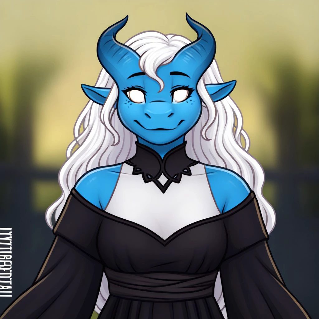 Tiefling, pointed ears, horns, colored sclera, 1girl, blue skin, white hair, white eyes, white shirt, fantasy background, blurred background, very long wavy hair, female, curvy body, female body, bustshot, portrait of a bustshot, black off the shoulder dress, sleeved dress, dress with sleeves, off the shoulder dress with sleeves, off the shoulder black dress with sleeves, Off Shoulder High Split Dress. mytigertail[STYLE], Art by mytigertail[Style], furry, furry art,