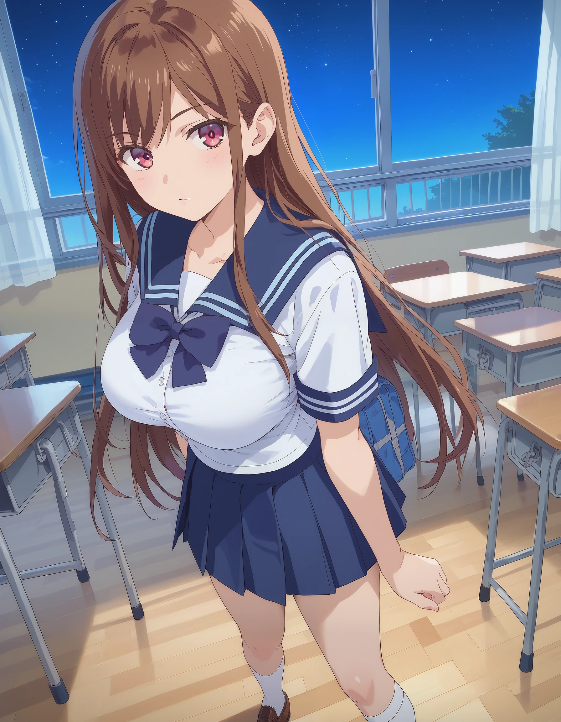 score_9, score_8_up, score_7_up, masterpiece, absurdres, source_anime, perfect anatomy,

1girl, solo,

AyaneShirakawa, long hair, brown hair, bangs, pink eyes, big breast,
school uniform, white blouse, blue sailor collar, mini skirt, blue skirt, white socks, brown shoes,

outdoors, school,
night, starry sky, looking at viewer, cowboy shot,