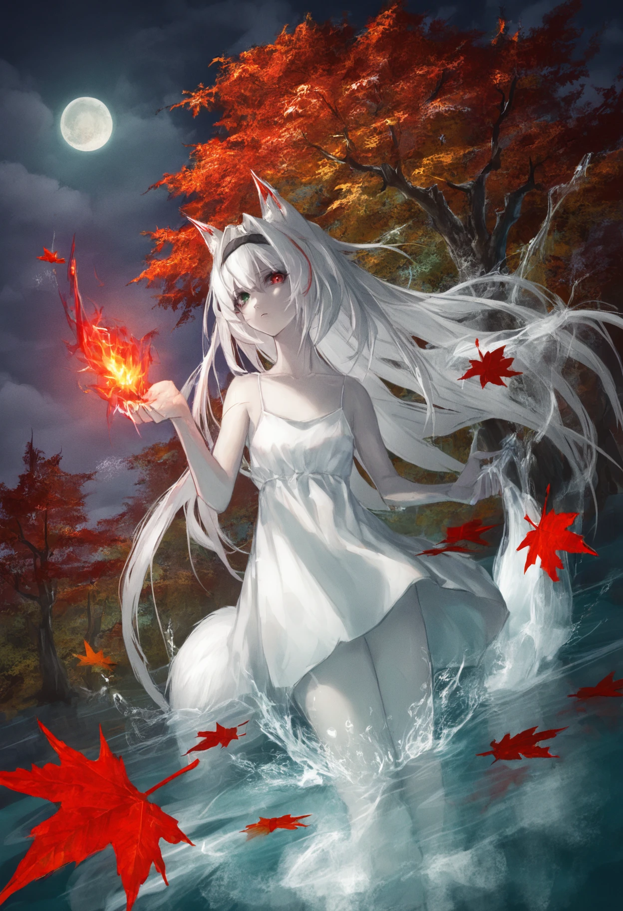 fox girl, solo, holding an energy fire power, green eyes, red eyes, heterochromia, expressionless, looking at viewer, hair intakes, black headband, white hair, long hair, white dress, spaghetti strap, moon, maple leaf, tree, night, water, splashing, <lora:neg101:1>