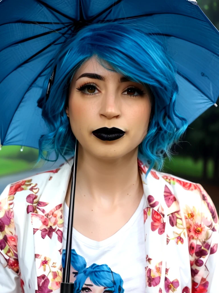 <lora:zgibiasmr:1> zgibiasmr, blue hair, black lips, zd41sy holding an umbrella, realistic