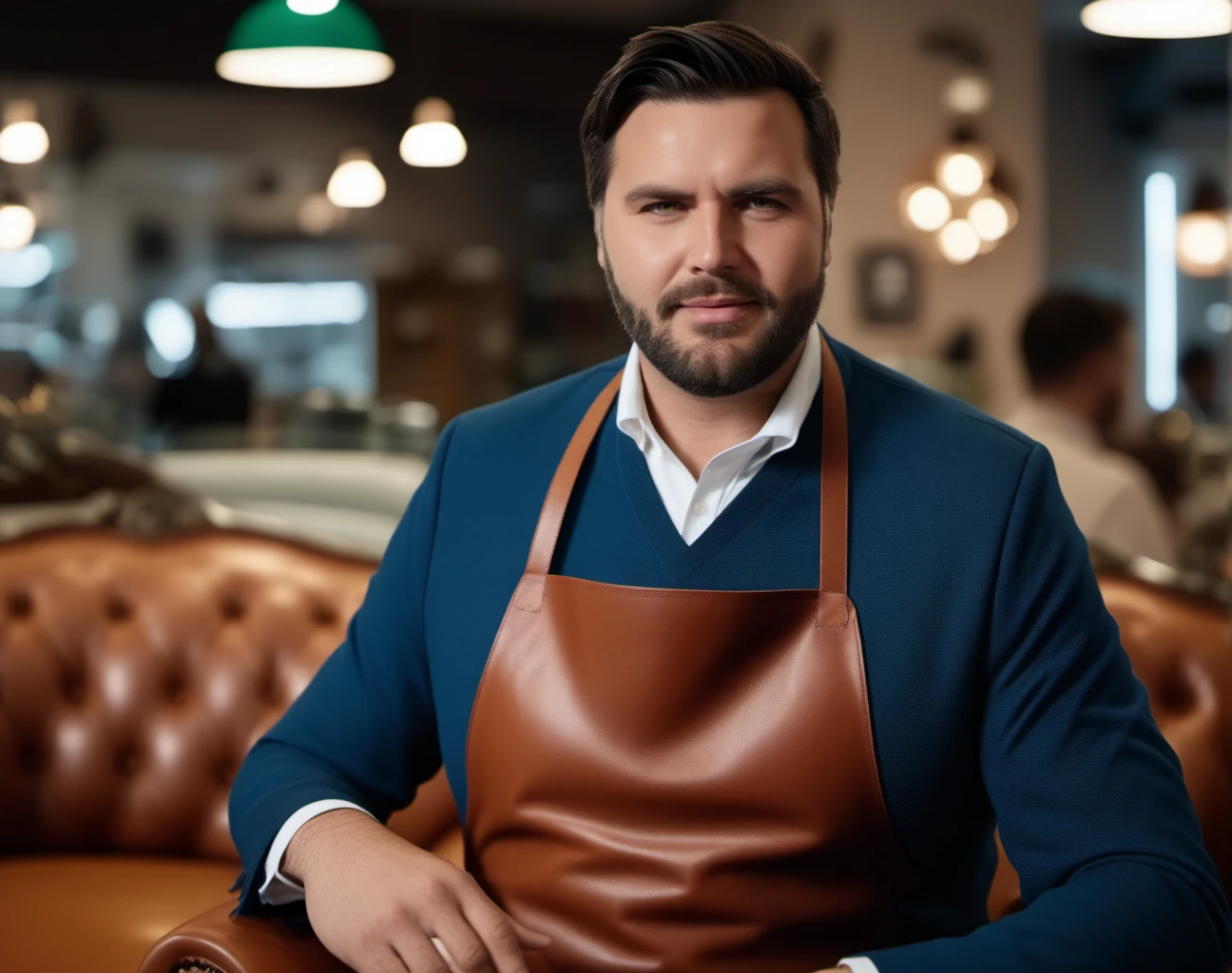 cinematic photo a man, facial hair, apron, sofa salesman, in a sofa shop, text ''POLTRONE SOFA'' <lora:Vance1024_r1:0.8> . 35mm photograph, film, bokeh, professional, 4k, highly detailed