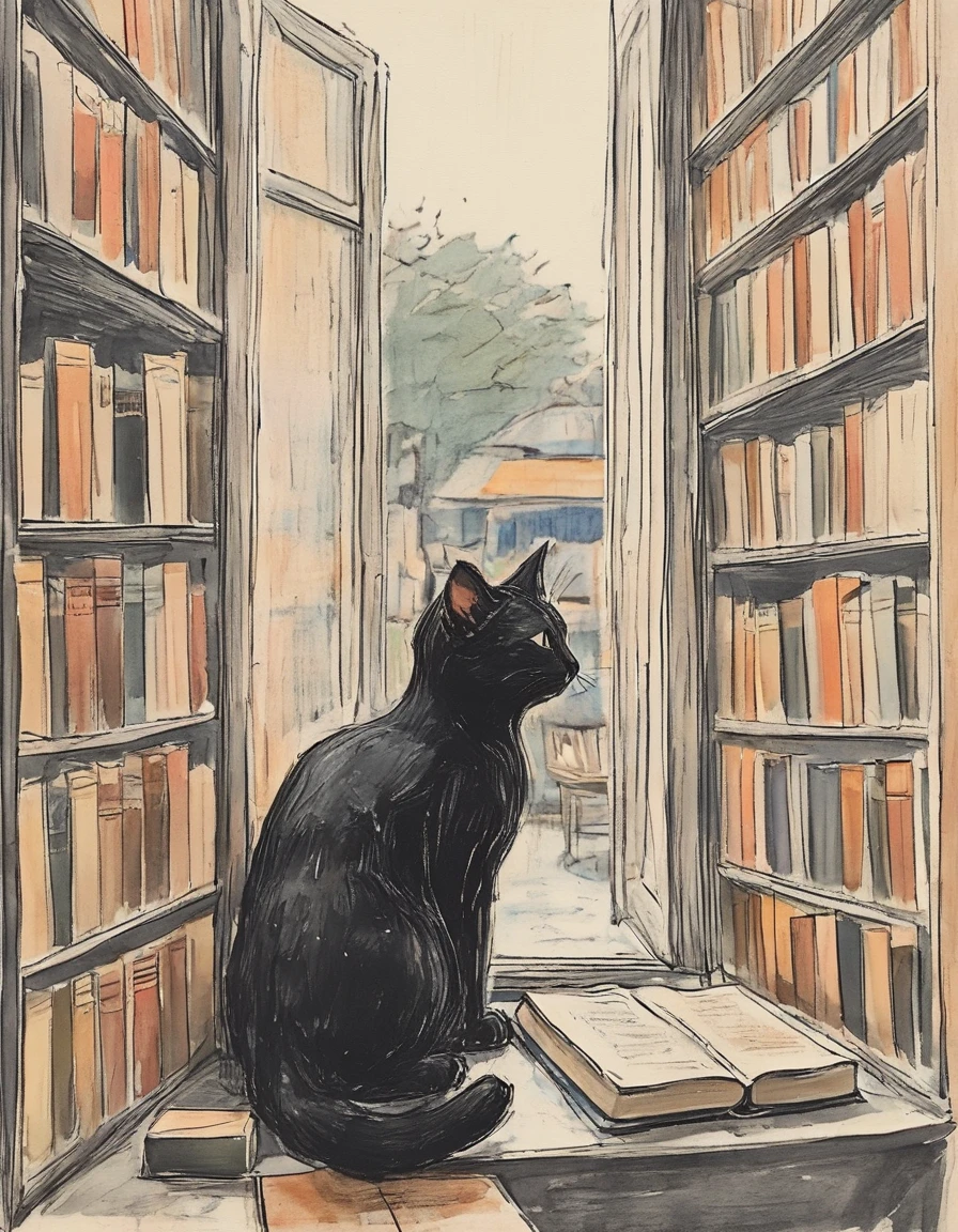 A cozy bookshop on a rainy day, with a cat curled up on a window seat and shelves filled with old books