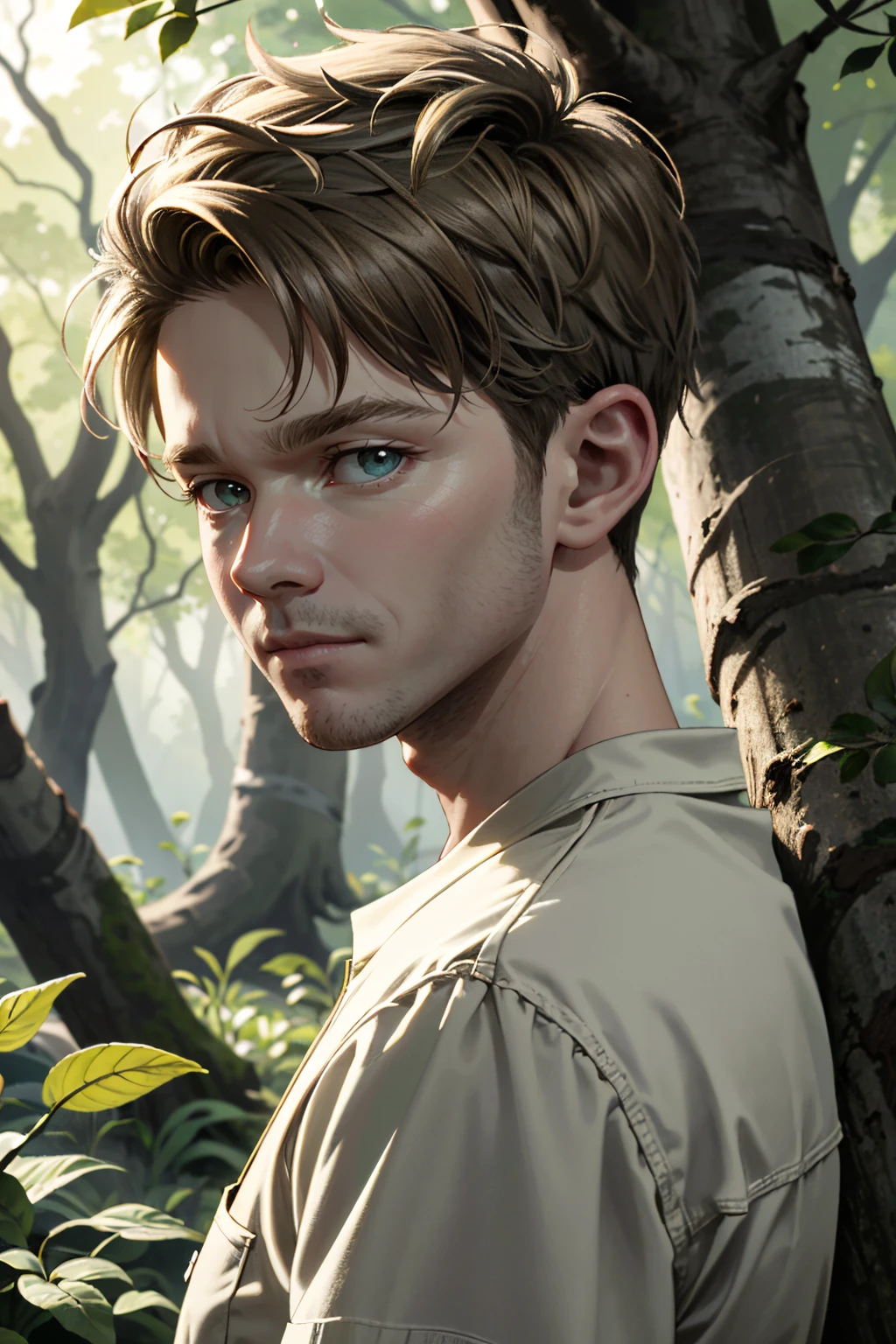 ((ultra detailed, masterpiece, absurdres))
 <lora:MOMConrad:0.8>
MOMConrad, 1boy, short hair, blonde hair, looking at viewer, in a lush green forest, dappled sunlight filtering through the trees