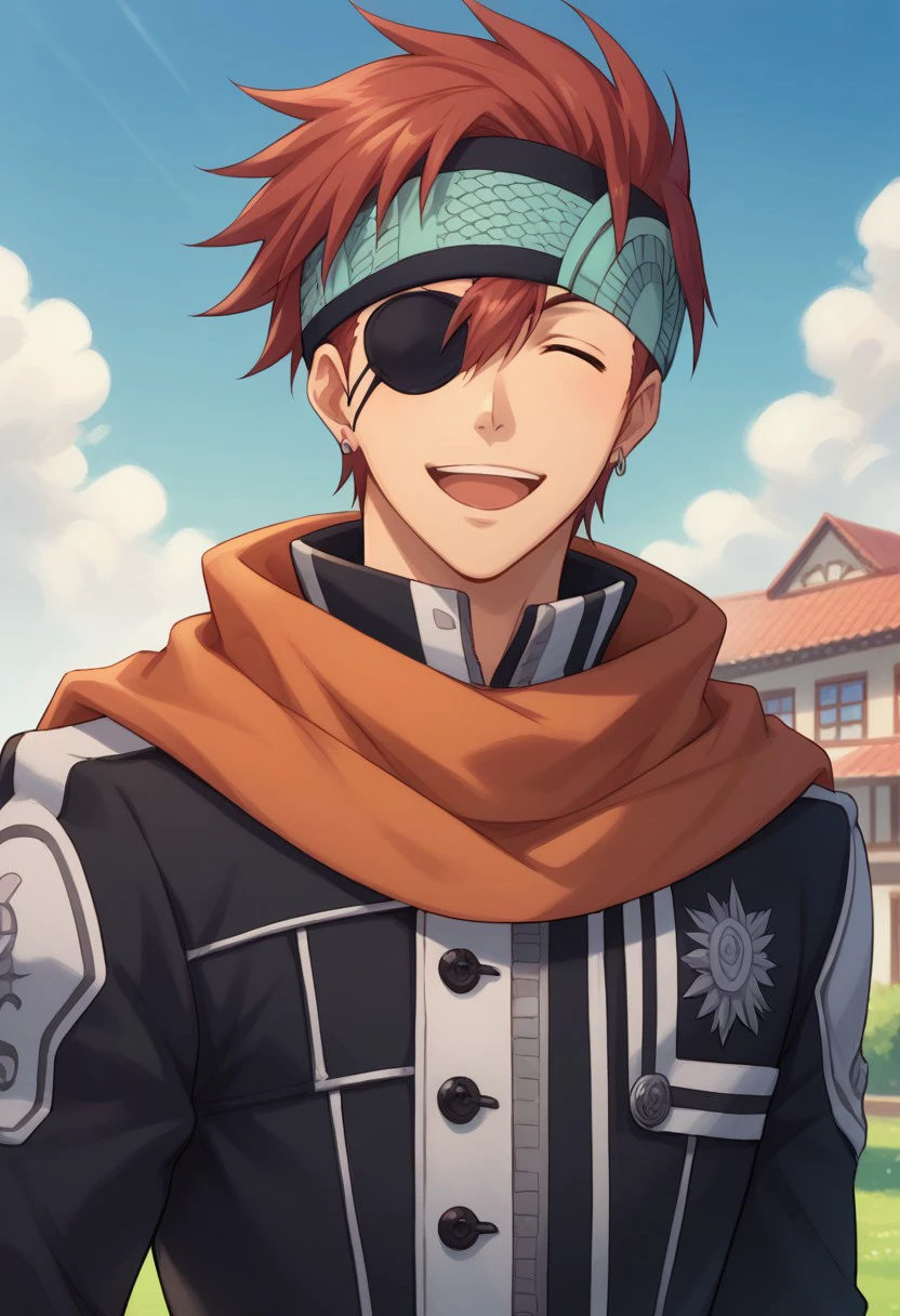 score_9, score_8_up, score_7_up, source_anime, highly detailed, 
lavidgray, solo, eyepatch, 1boy, male focus, jacket, red hair,
scarf, earrings, jewelry, exorcist uniform, smile, open mouth, closed eye, upper body, headband,
outdoor, sky,