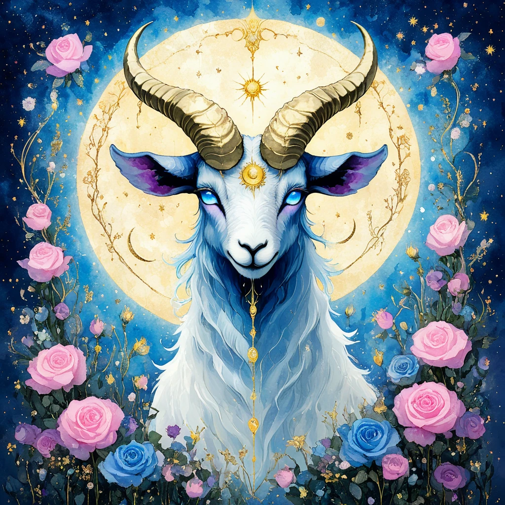 <lora:ArsMJStyle_-_SDXL:1>, ArsMJStyle, Capricorn, The image shows a painting of a goat with horns standing in front of a crescent moon surrounded by flowers. The goat is white and blue in color and the moon is a golden hue., flower, horns, blue flower, no humans, yellow eyes, pink flower, rose, moon, pink rose, solo, crescent moon, glowing, blue rose, purple flower, crescent, looking at viewer