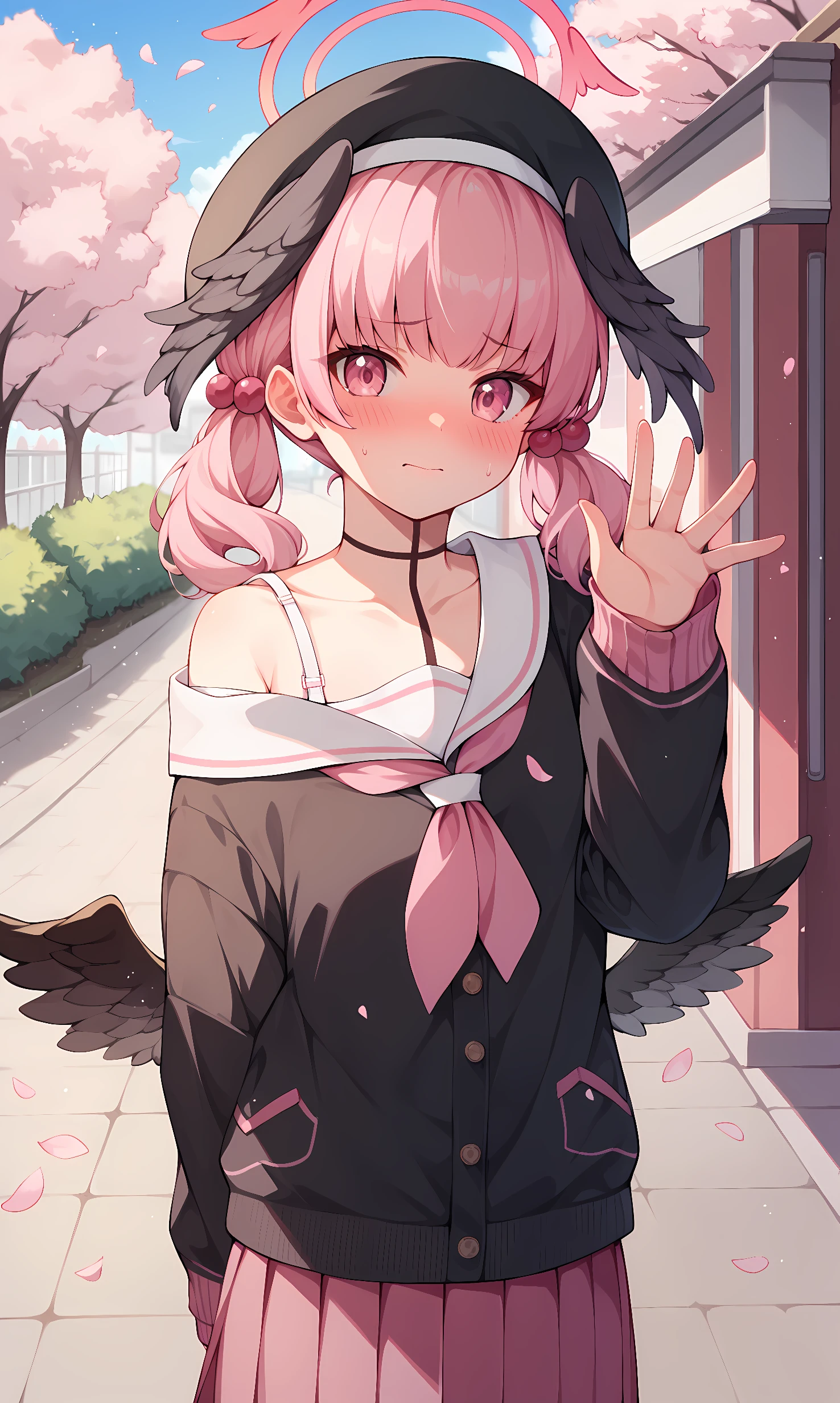 score_9, score_8_up, score_7_up, score_6_up, BREAK source_anime, 1girl, solo, outdoors, street, cherry blossoms, cowboy shot, standing, looking at viewer, koharu, pink eyes, pink hair, medium hair, low twintails, halo, mini wings, black wings, head wings, beret, black cardigan, school uniform, long sleeves, single off shoulder, sleeves pasts wrists, white serafuku, pink neckerchief, white bra strap, pink skirt, miniskirt, pleated skirt, loose socks, black shoes, embarrassed, blush, waving