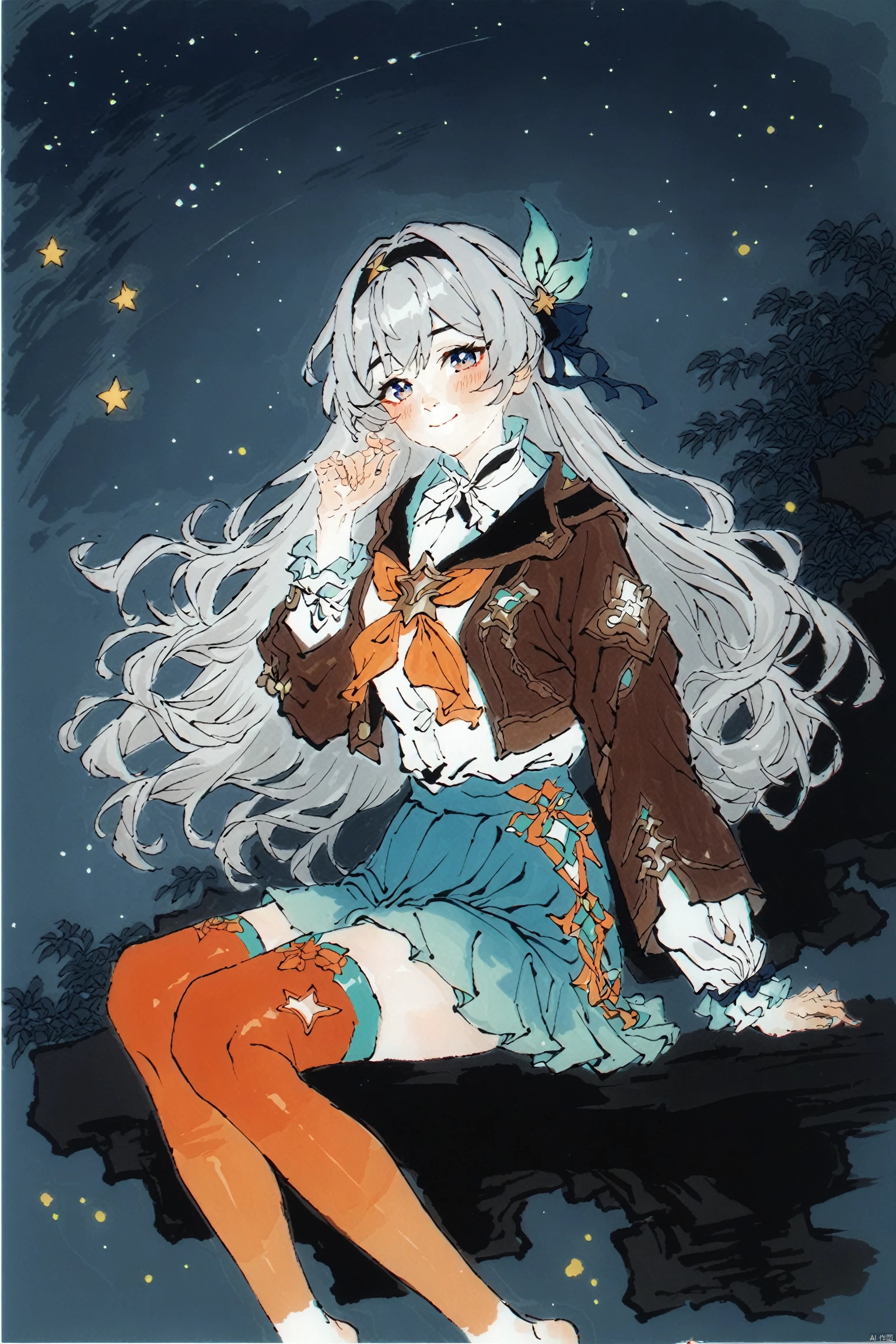 chinese traditional painting, sitting,score_9,score_8_up,score_7_up,score_6_up,,firefly \(honkai: star rail\), 1girl, solo, long hair, hairband, smile, multicolored thighhighs, black hairband, orange neckerchief, looking at viewer, hair intakes, jacket, multicolored eyes, skirt, long sleeves, bow, closed mouth, shirt, sidelocks, hair bow, hand up, ribbon, zettai ryouiki, hair ribbon, blue skirt, star \(sky\), blush, feet out of frame, grey hair, starry sky<lora:EMS-424287-EMS:1.000000>, <lora:EMS-431162-EMS:0.500000>