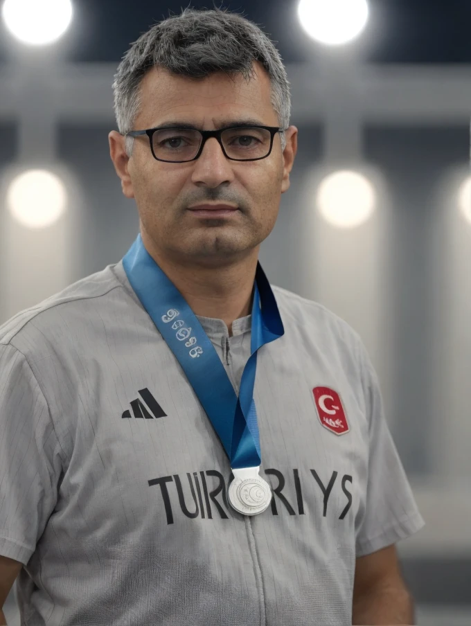 Portrait photo of turk15h5h00t3r man, (light bokeh), silver medal