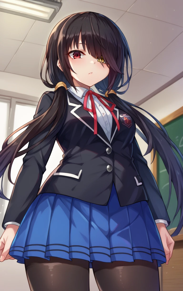 score_9,score_8_up,score_7_up BREAK <lora:tokisakikurumi:0.9>,tokisakikurumiSDXL,1girl,long hair,skirt,black hair,red eyes,yellow eyes,long sleeves,ribbon,twintails,school uniform,jacket,pantyhose,pleated skirt,heterochromia,hair over one eye,red ribbon,blue skirt,black jacket,black pantyhose,neck ribbon,blazer,tokisaki kurumi,cowboy shot,room,room background,from below,