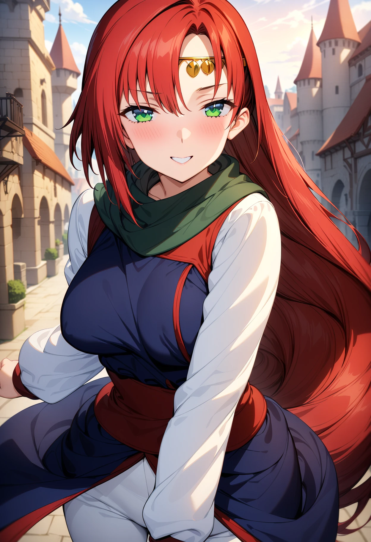 (masterpiece:1.2),best quality,very aesthetic,absurdres,nsfw,1girl,<lora:elenoa_ran_v3_1:1>,elenoa_ran,circlet,02clothes,red hair,very long hair,green eyes,navy blue scarf,white sleeves,blue clothes,white pants,medieval fantasy cityscape,fantasy,<lora:Fixhands_anime_bdsqlsz_V1:1>,rim light,
contrapposto,wide_shot,light_blush,smile,standing,castle,city,looking_at_viewer,front view,cowboy_shot,v,, masterpiece,best quality, very aesthetic, absurdres, ultra detailed, high resolution, 4k, extremely detailed CG,