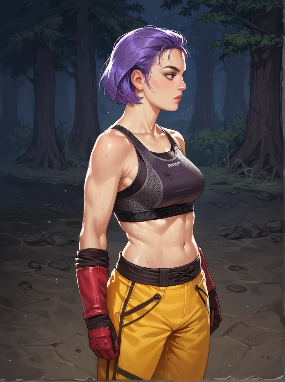 score_9, score_8_up, score_7_up, masterpiece,source_realistic, 1girl, solo, dirty, short hair, purple hair, sports bra, gloves, pants <lora:HKHorrorXL:1>  <lora:sn0wStyle:1> <lora:Yui_Kimura_-_Dead_by_Daylight:0.8>