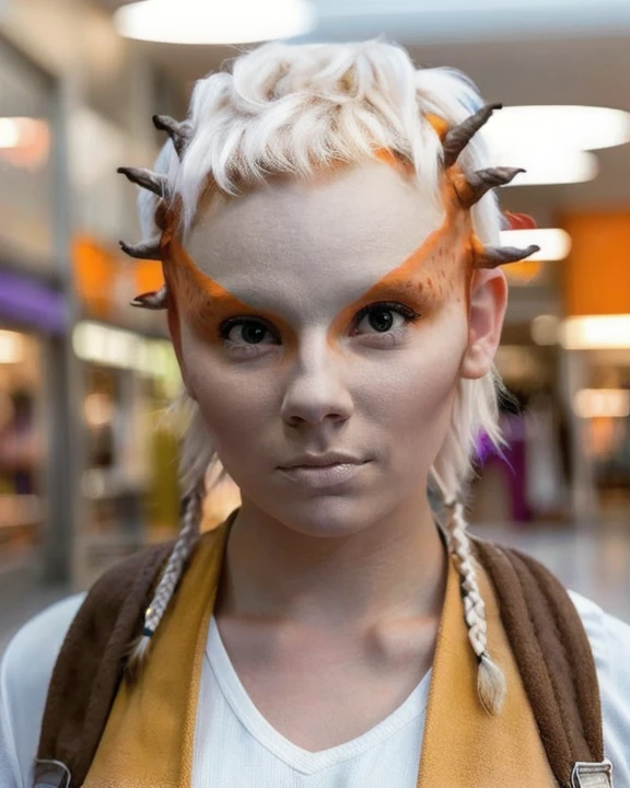 <lora:jecki_lora:0.8>jecki, female, alien, 1girl, solo, small horns on sides of head, no eyebrows, chalky white skin, orange stripe on temples, spots on skin, short blonde hair, single braid, padawan braid, at the mall, indoors, wearing casual emo outfit, front view, medium shot, dafne keen, mall interior background