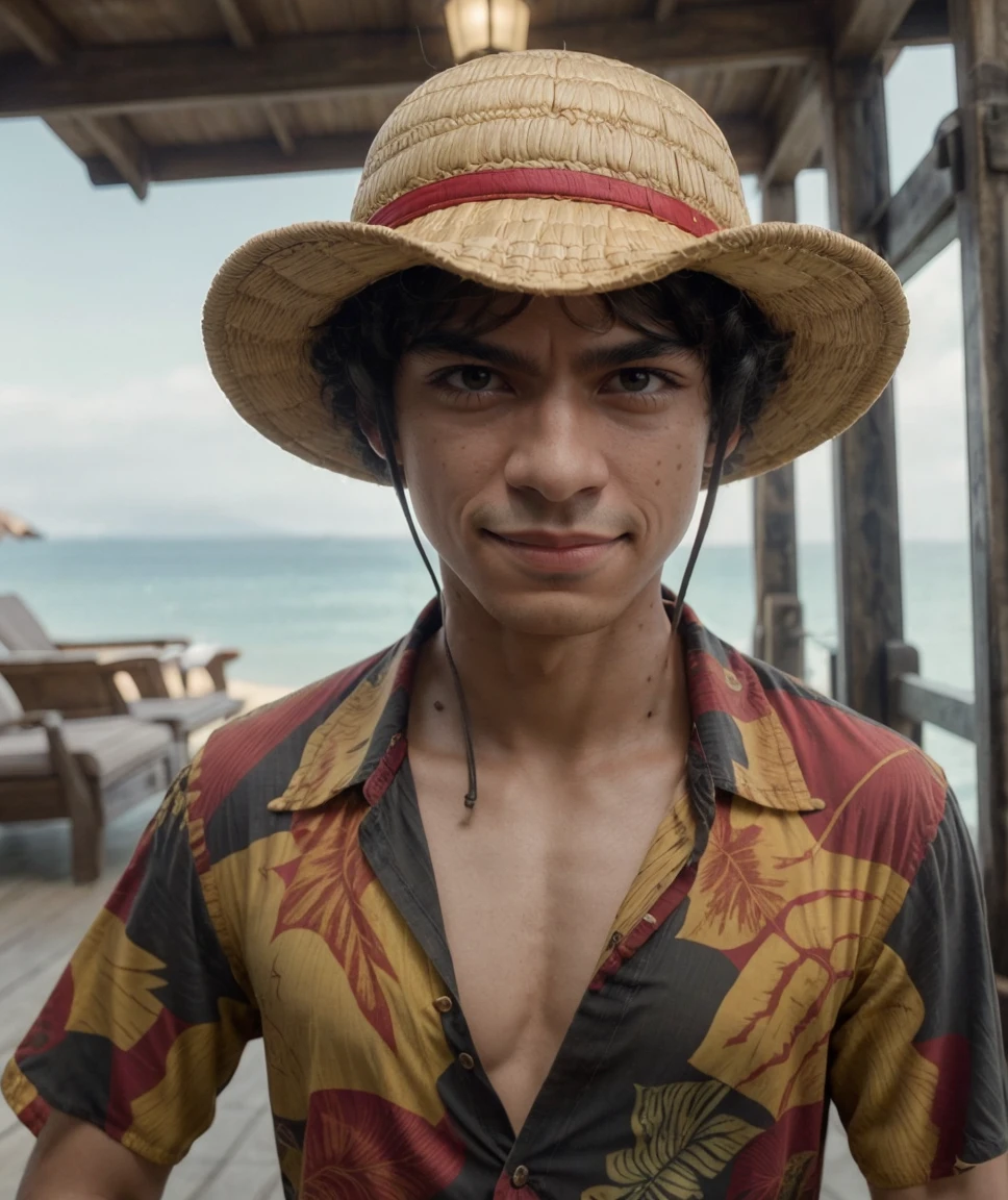 cinematic photo  <lora:quiron_inakigodoyluffy_v010330_Lora:0.87> inakigodoyluffyquiron, black hair, hat, realistic, straw hat, solo, male focus, 1boy, looking at viewer, black eyes,   grin , , , , hawaiian shirt , photorealistic, best quality, . 35mm photograph, film, bokeh, professional, 4k, highly detailed