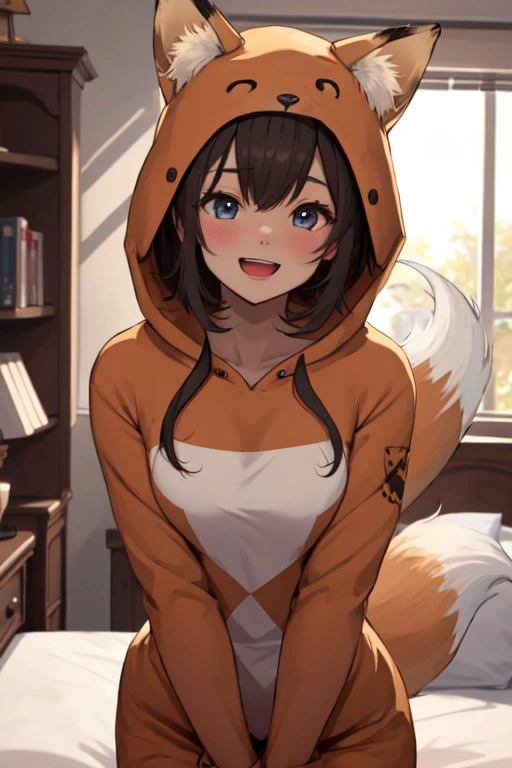 fox costume, :d, hood up, POV, looking at viewer, blush, smile, open mouth, upper teeth only, morning, bed, <lora:2dc013dd-fe81-43c2-be22-859354060e23:0.7>