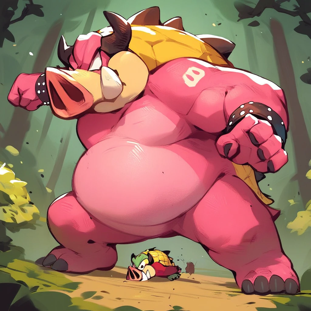 score_9, score_8_up, score_7_up, score_6_up, score_5_up, score_4_up, midbus, pig, pangolin, horns, pink skin, yellow scaly back, spikes, action pose, forest background, outside,