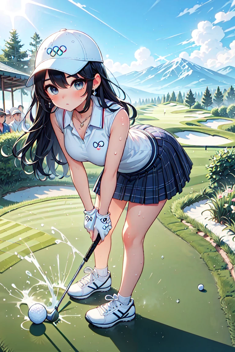 ((playing golf)), ((holding golf club)), ((golf course)), bent over, leaning forward, olympic rings, crowd, visor cap, polo shirt, sleeveless, plaid skirt, ass, floating hair, earrings, big tits, mountain, sweat, ball, <lora:girllikeplayinggolf:0.9>