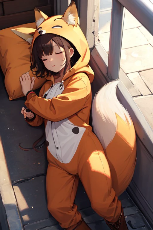 fox costume, sleeping, <lora:2dc013dd-fe81-43c2-be22-859354060e23:0.7>