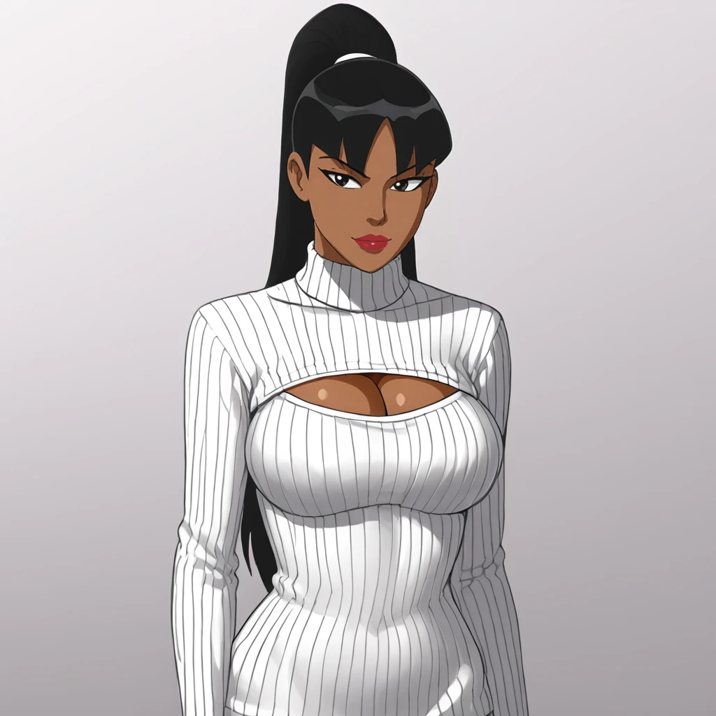 <lora:superwoman_pony_v1:.6> superwoman, 1girl, solo, black hair, dark skin, dark-skinned female, ponytail,  large breasts, long hair, makeup,lipstick,cowboy shot <lora:open-chest-sweater-ponyxl-lora-nochekaiser:1> open-chest sweater, ribbed sweater, cleavage cutout, meme attire, clothing cutout, turtleneck, sweater dress, cleavage, clothes tug, sweater pull, cleavage reach,